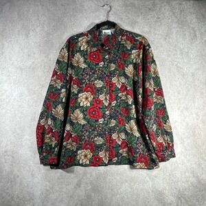 Vintage EHL Blouse Womens Size 20W Green Red Floral Button Up Art To Wear Retro‎